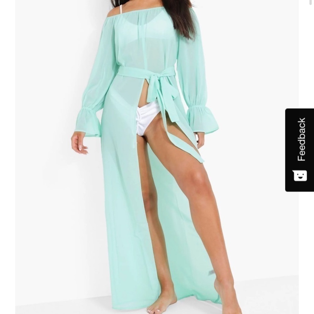 Sheer Mint Chiffon Off The Shoulder Cover up Beach Dress size Medium